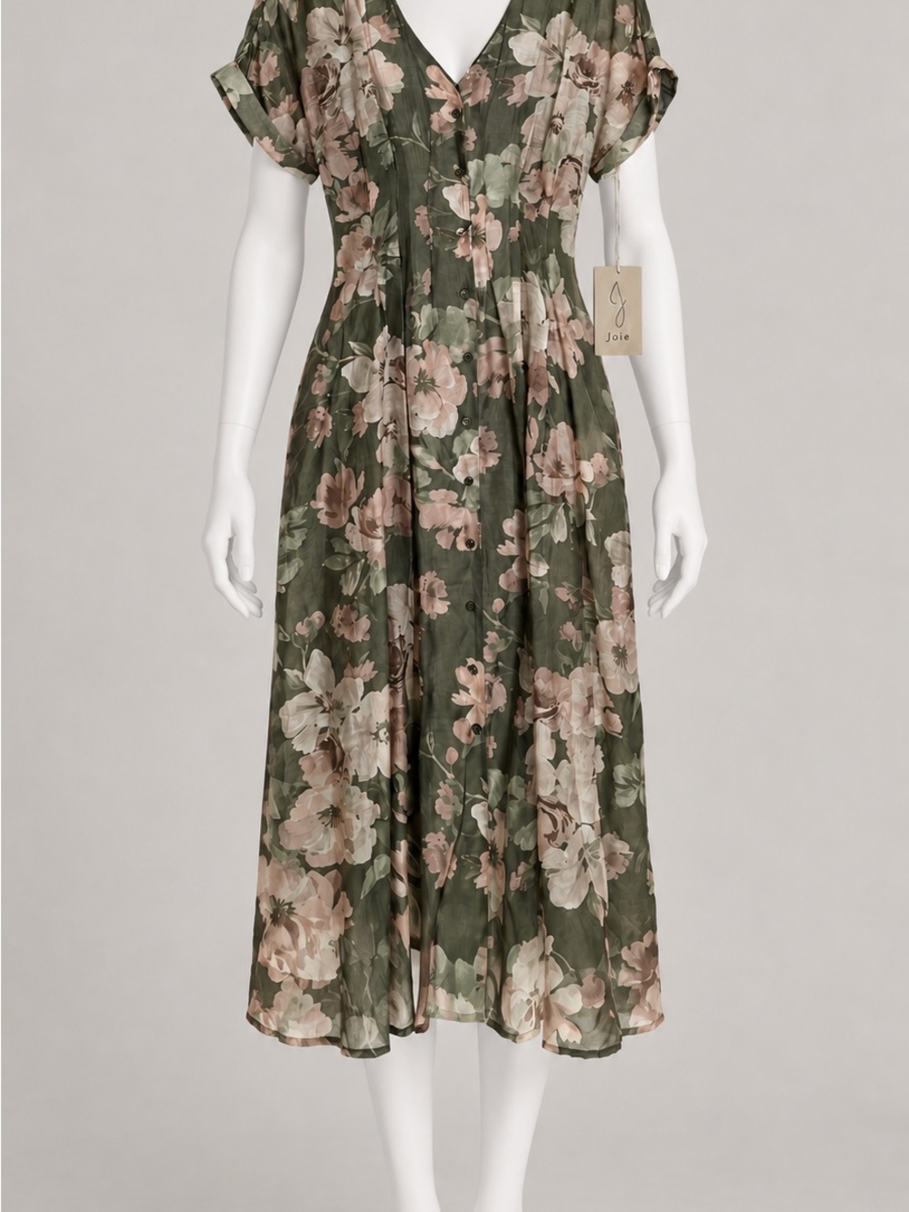 Joie Floral Midi Dress Women’s M NWT Sage Green Button Front V-Neck Short Sleeve
